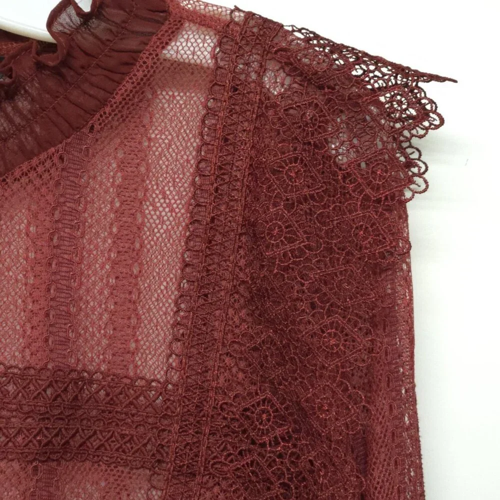 Zara Sheer Lace Blouse S Smocked Ruffle Burgundy Red Boho Romantic Whimsigoth - Picture 3 of 15